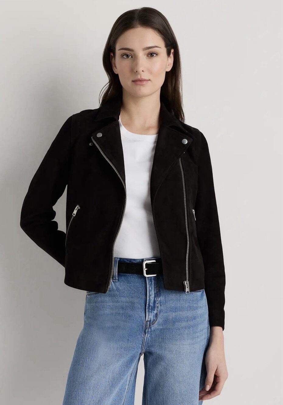 NWT Quince 100% Goat Suede Biker Jacket •Women M• Charcoal Black Moto $200